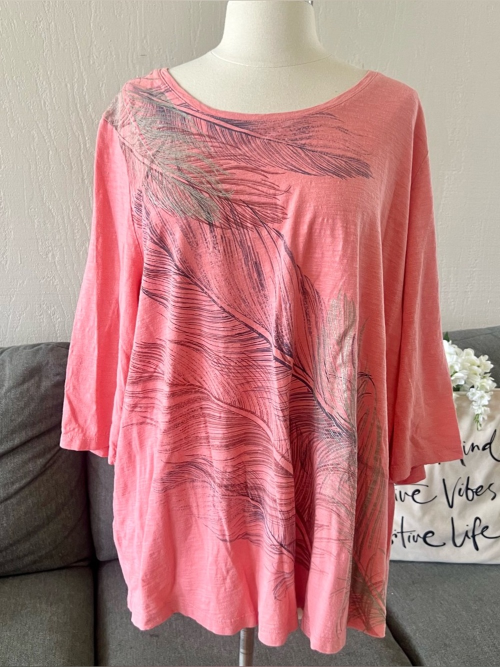 Catherines Coral Feather-Print Scoop Neck Top